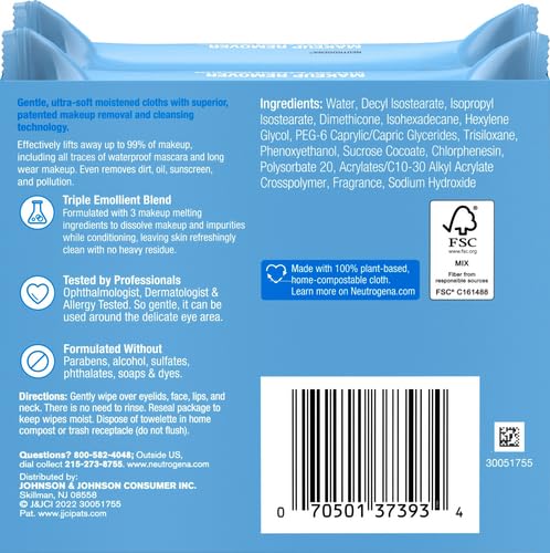 Neutrogena Makeup Remover Wipes Micellar Alcohol-Free Face Towelettes Remove Waterproof Mascara & Oil, Compostable 100% Plant-Based Cloth, Dermatologist & Ophthalmologist Tested, Twin Pack 2 x 25 ct