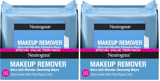 Neutrogena Makeup Remover Wipes Micellar Alcohol-Free Face Towelettes Remove Waterproof Mascara & Oil, Compostable 100% Plant-Based Cloth, Dermatologist & Ophthalmologist Tested, Twin Pack 2 x 25 ct